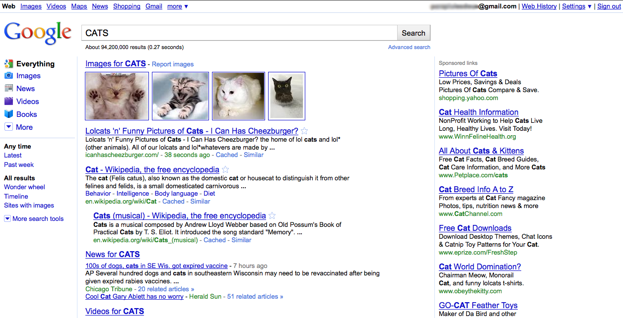 Google search results with sidebar (2010)